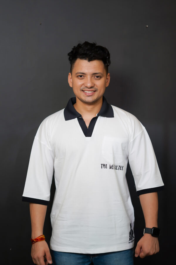 Defaulter Print White T-Shirt with Black Collar – Stylish and Bold