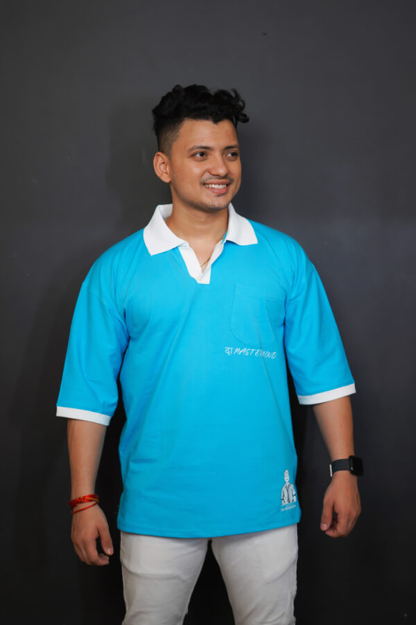 Blue Oversized "Master Mind" T-Shirt with White Collar – Smart Style, Bold Attitude