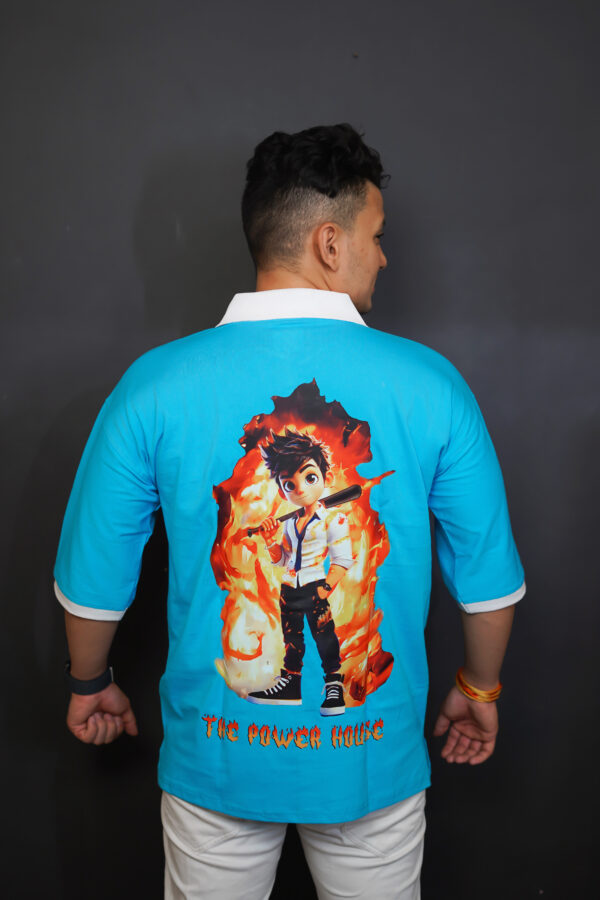 Blue Oversized "Powerhouse" T-Shirt with White Collar – Statement Streetwear - Image 2