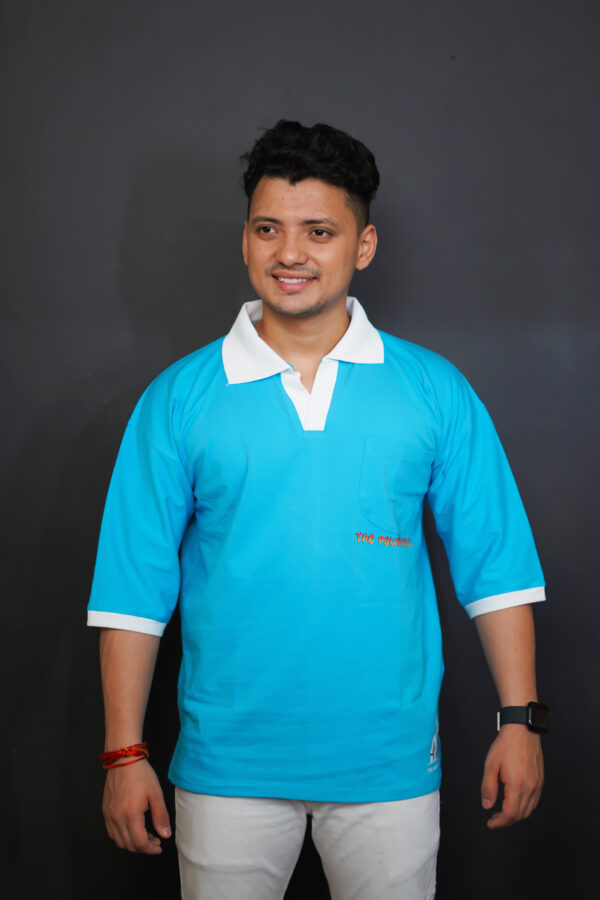 Blue Oversized "Powerhouse" T-Shirt with White Collar – Statement Streetwear