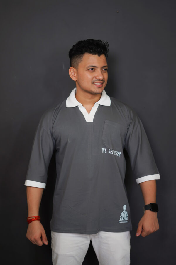 Grey Oversized "Defaulter" T-Shirt with White Collar – Minimal Tone, Maximum Impact