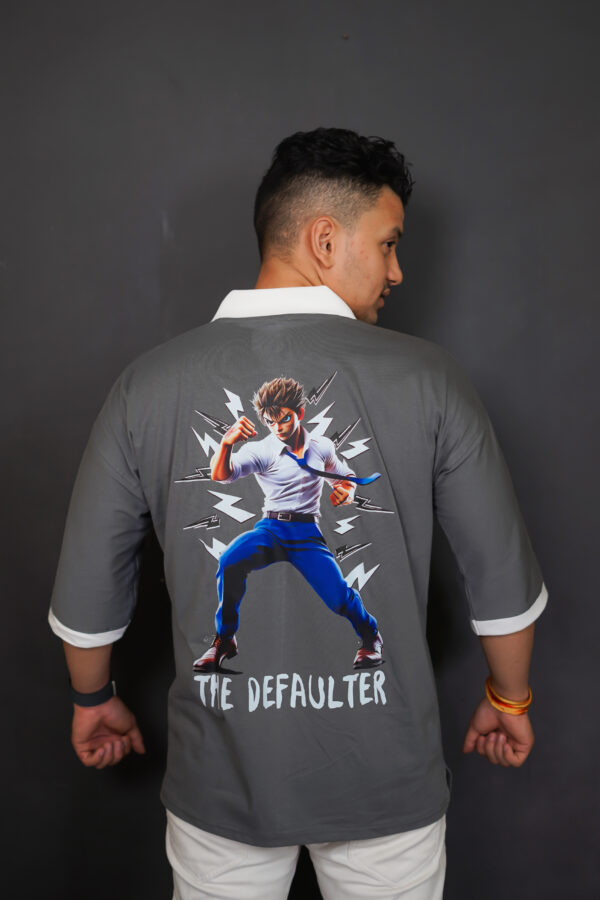 Grey Oversized "Defaulter" T-Shirt with White Collar – Minimal Tone, Maximum Impact - Image 2