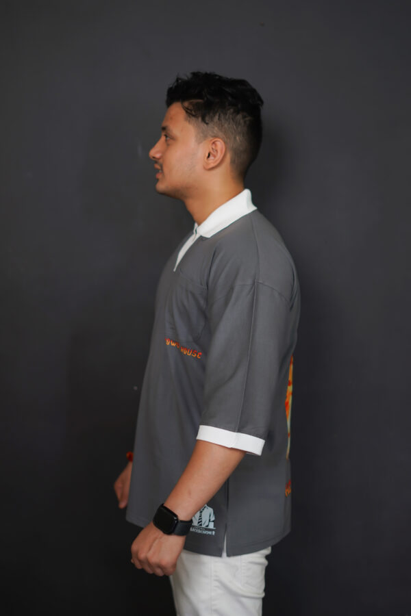 Grey Oversized "Powerhouse" T-Shirt with White Collar – Strength in Subtlety - Image 3