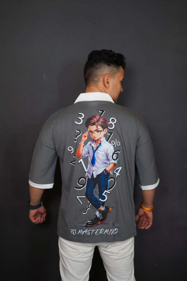 Grey Oversized "Master Mind" T-Shirt with White Collar – Smart Style, Bold Statement - Image 2