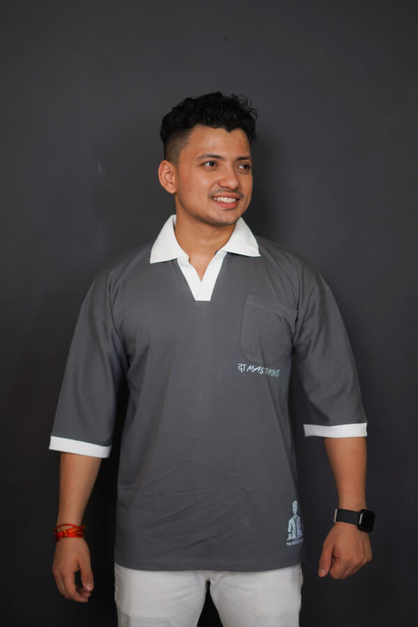 Grey Oversized "Master Mind" T-Shirt with White Collar – Smart Style, Bold Statement