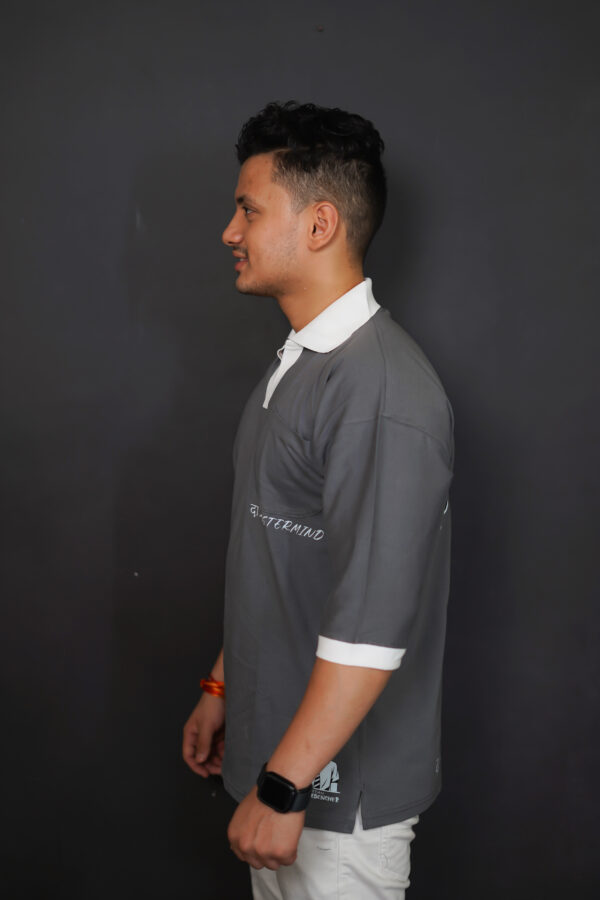 Grey Oversized "Master Mind" T-Shirt with White Collar – Smart Style, Bold Statement - Image 3